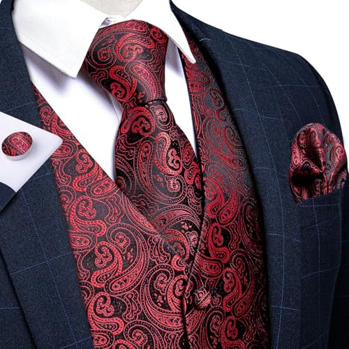 Image of DiBanGu Mens Vest and Tie Set Formal Paisley Waistcoat and Necktie Pocket Square Cufflinks Silk Suit Vest for Tuxedo Wedding