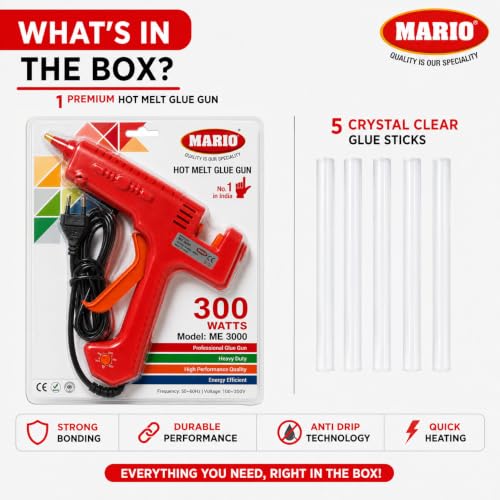 Image of Mario 300W Heavy Duty Glue Gun - Long Use, Nozzle Guard, Temp control+ 5 Crystal Clear Glue Sticks - Red (ME-3000)