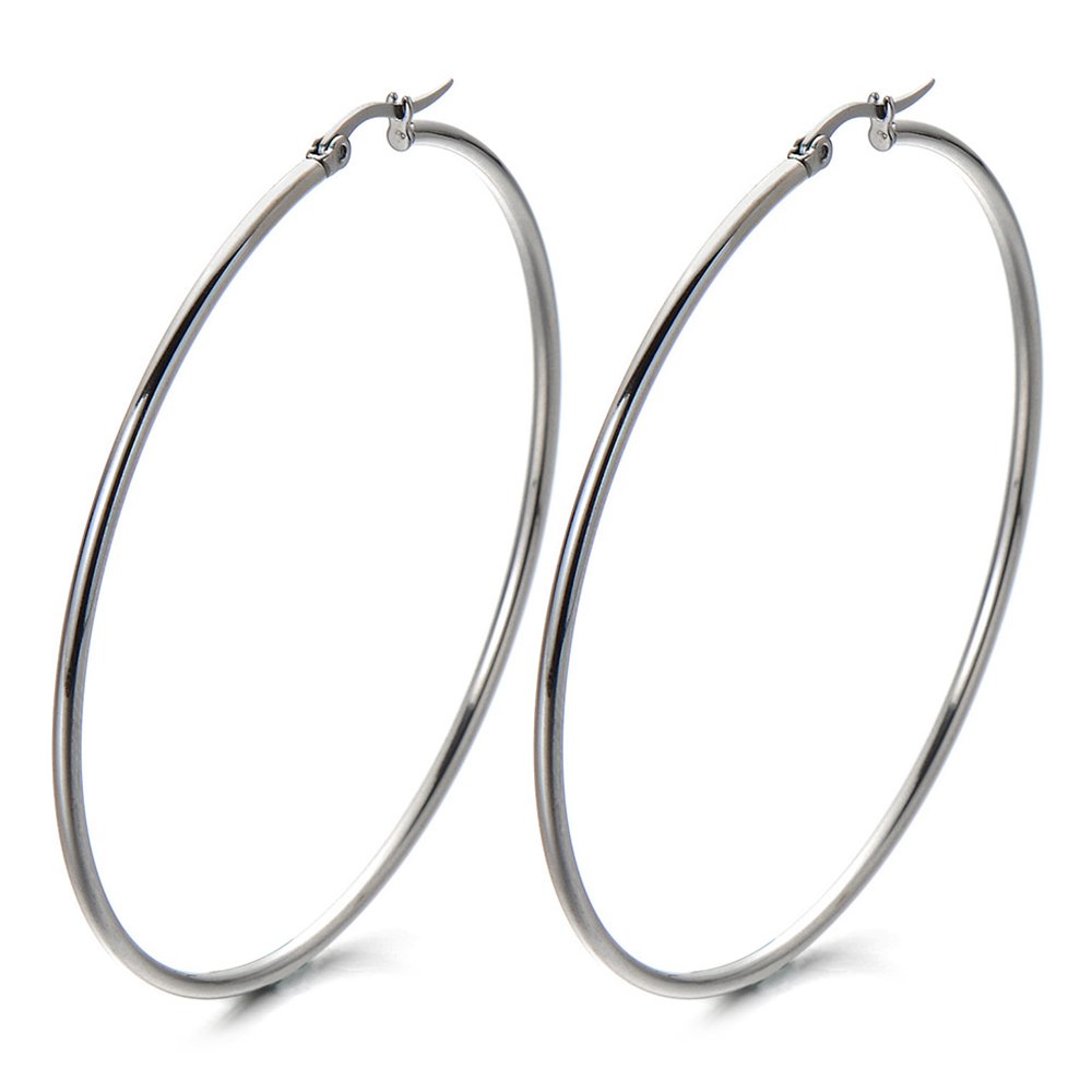 Pair Stainless Steel Large Plain Circle Huggie Hinged Hoop Earrings for Women