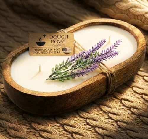 Dough Bowl Candle Co. Wooden Bowl Candle - 20 Oz. 10x6x2 3-Wick Large Lavender Soy Candles for Home Scented Long Lasting Aromatherapy for Women and Men with Up to 40H Burn Time Decoration Gifts