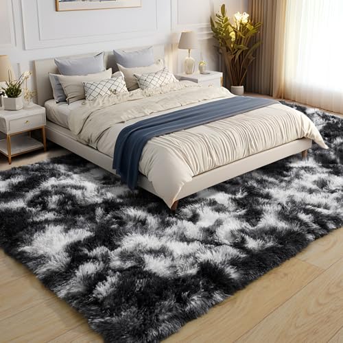 KING DARE 8x10 Black and White Area Rugs, Soft Plush Shaggy Fuzzy Furry Large Rug for Living Room, Anti-Slip Washable Modern Big Floor Carpet for Bedroom Home Decor Aesthetic
