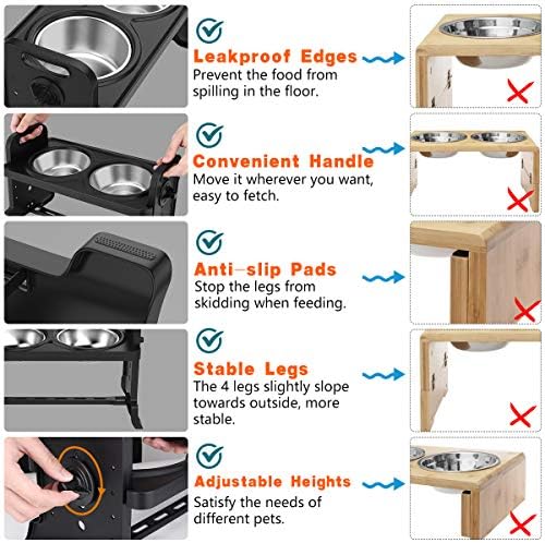 VavoPaw Adjustable Elevated Dog Bowls, 4 Adjustable Heights Dog Cat Raised Stand Feeder with Double Stainless Steel Bowls, Detachable Elevated Food & Water Dish for Cats and Small Medium Dogs, Black