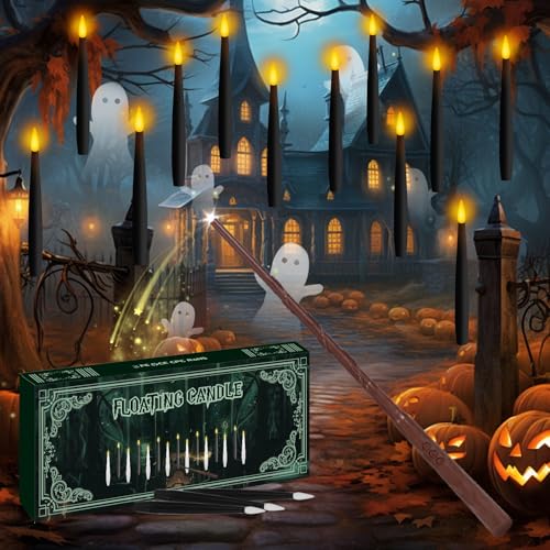 Image of NURADA Floating Candles with Wand Remote Timer - Magic LED Hanging Flameless Taper Candles Flickering Battery Operated for Halloween Birthday Theme Party Holiday Home Window Decor - Black 12 Pack