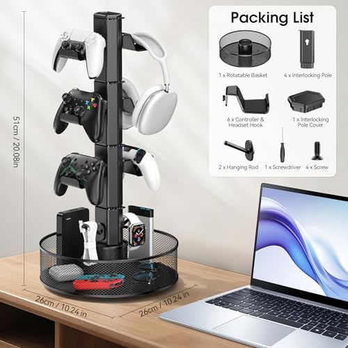 Kosker Soporte para Mando Mesa de Gran Capacidad con Cesta Giratoria, Universal Soporte Auriculares y Mando para PS5/PS4/Xbox/Switch/PC Accesorio, Colgador Cascos con Organizador de Cable, 4 Niveles - imagen 5