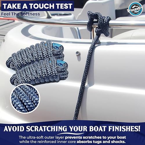Image of WavesRx Premium Fender Line 3 /8'' x 6' (4 Pack) | Double Braided Nylon Boat Dock Lines and Ropes for Docking Buoys & Fenders | Marine Dock Ropes for Boats, Pontoons | Boat Ropes for Docking with Loop
