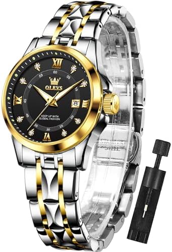OLEVS Watch Women Silver Waterproof Dress Original Analog Quartz Adjustable Diamond Fashion Casual Classic Easy Read Round Black Face Stainless Steel Water Resistant Ladies Small Wrist Watch Woman Lady Female Wristwatch