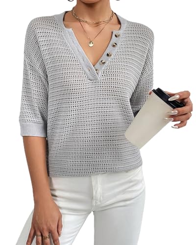 Image of Women's Hollow Out Half Sleeve Shirt Summer V Neck Knit Sweater Casual Loose Fit Pullover Top