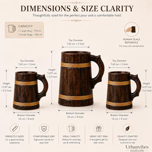Image of Wide Verticle Grooves Wooden Beer Bar Combo Set|Barrel Shaped Mug|2 Small Beer Mug 350ML Size: 5 x 4 inches Each & 1 Beer Jug Large 750ML Size: 7 x 4.5 inches