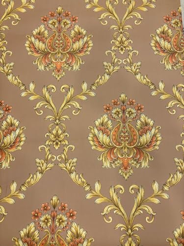 Image of Eurotex PVC Wallpaper Roll for Wall Decor, Non -Adhesive Damask Design wallcoverings for Living Room, Bedroom Walls (Luxury Vinyl Coated 57 sq.ft Roll, Mocha Color)