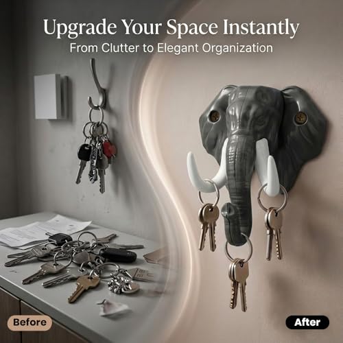 Image of Premium Key Holder for Wall | Decorative Elephant Shape Design | Stylish Key Stand & Key Chain Hanger | Wall Mounted Key Hooks for Home Decor & Office | Grey-White-| 3 Years Warranty |