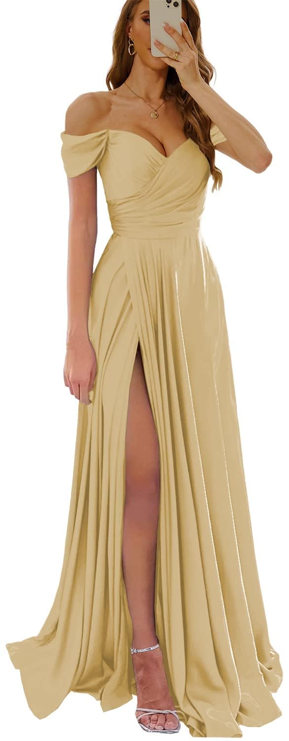 Wirunsy Women's Off The Shoulder Bridesmaid Dresses with Slit Satin Formal Gowns Long Prom Evening Party Dress with Pockets