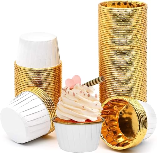 Moldes para muffins de papel, decoración para cupcakes, moldes para muffins de papel, 50 piezas, oro blanco, moldes desechables para hornear con revestimiento antiadherente para moldes para muffins
