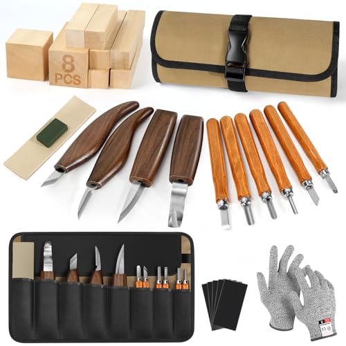 7CDXD Holzschnitzwerkzeug-Set, Holzschnitzset mit Lederetui – Holzbearbeitungsmesser mit Lindenholzblöcken, Hobby-Geschenk für Erwachsene, Kinder, Anfänger und Heimwerker