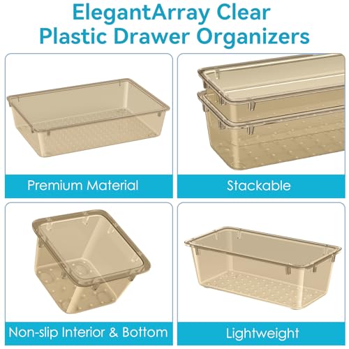 Image of ElegantArray 12 PCS Drawer Organizer Set, 4 Sizes Tool Storage Trays, Clear Plastic Makeup Vanity Organizer and Storage Bins for Stationeries, Multiple Gadgets for Office, Bedroom, Champagne
