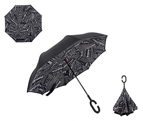 L&L® Double Layer C-Handle Inverted Upside Down Waterproof Reverse Umbrella UK (Black Newspaper)