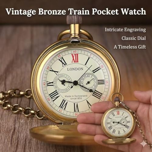 Image of Vintage Copper Train London Design Hand Winding Mechanical Pocket Watch Mens Watches