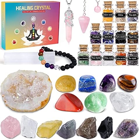 Healing Crystals Set Include 7 Chakra Stones, 7 Tumbled Stones, 7 Crystals Necklaces, 3 Crystals Jewelry，Amethyst Crystal and Selenite，Clear Quartz，2 Storage Bags,7 Jewelry Ropes-36 PCS Cover