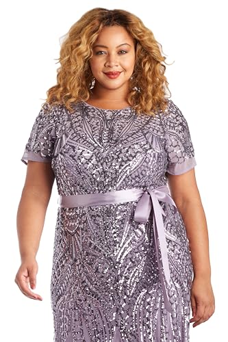 Image of R&M Richards Women's Sequin Evening Gown with Panel Godet Skirt, Ribbon Sash & Short Sleeve for Mother of the Bride, Party