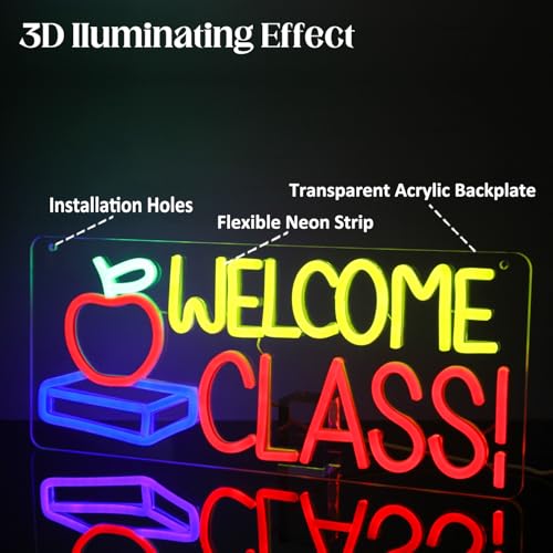 Image of Welcome Class Neon Sign Apple Book LED Sign Back to School Classroom Decor | Dimmable Light Up Signs, Student Classroom Neon Light, Colorful Wall Sign, Acrylic Night Light, School Opens Party Decoration