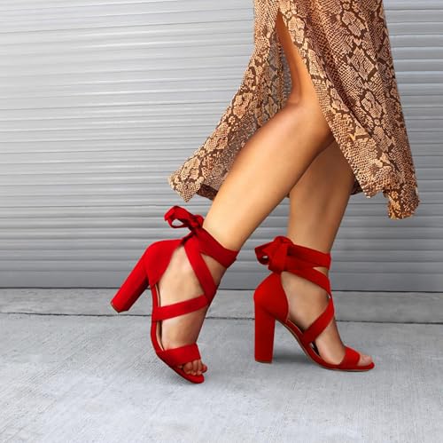 Image of Strappy Heels for Women Chunky Heels High Heeled Sandals with Lace Up Fahsion Casual Nude Block Heel Sandals