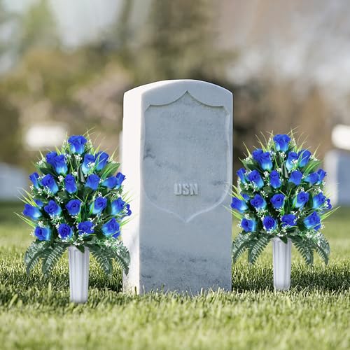 Artificial Cemetery Flowers, Grave Decorations Roses, Memorial Flowers Bouquet with Cemetery Vase, 2 Sets (Pure Blue) image 7