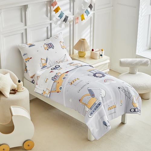 Image of JHXHMX 4 Pieces Toddler Bedding Set for Boys,Excavator Cars Truck Pattern Toddler Comforter Set,Soft Crib Bed Set Including Comforter,Sheets and Pillowcase-Gray