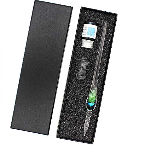 SIPLIV Glass Dip Pen Intarsia Jellyfish Dip Pen Fountain Pen Kit Calligraphy Signatures Pen with Bottle Ink and Pen Holder, Green