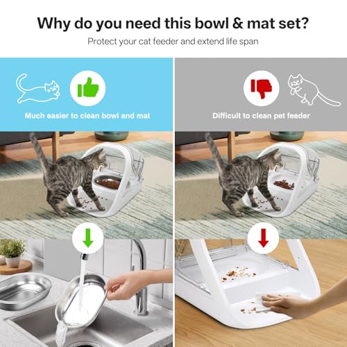 Image of Stainless Steel Bowls and Mat Set for Automatic Microchip Pet Feeder, YOIHABV 2 Single SUS 304 Bowls and 1 Silicone Mat, Keep Food Fresh, Easy to Clean, Protect Cat Feeder