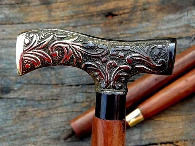 Wood Walking Stick - Wooden Hiking Stick Trekking Pole with Brass Knob - Victorian Style Walking Cane for Men & Women, Adustable & Foldable in 3 Parts