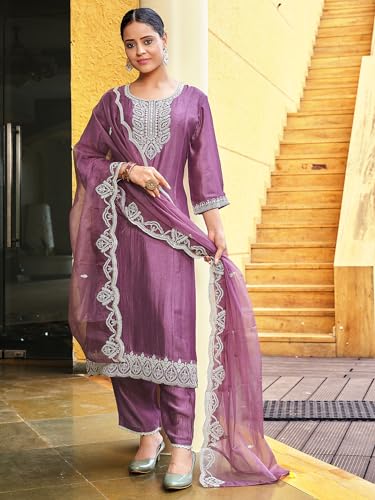 Image of INDO ERA Women's Embroidered Silk Blend Calf Length Straight Kurta Trouser with Dupatta Set (IEOUT7325 Parent)