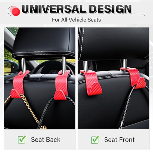 Image of SINGARO Universal 4 Pack Car Seat Headrest Purse Hook, Carbon Fiber Back Seat Hook Storage Organizer Hanger for Purse Handbag Coat, Car Interior Accessories(Red)