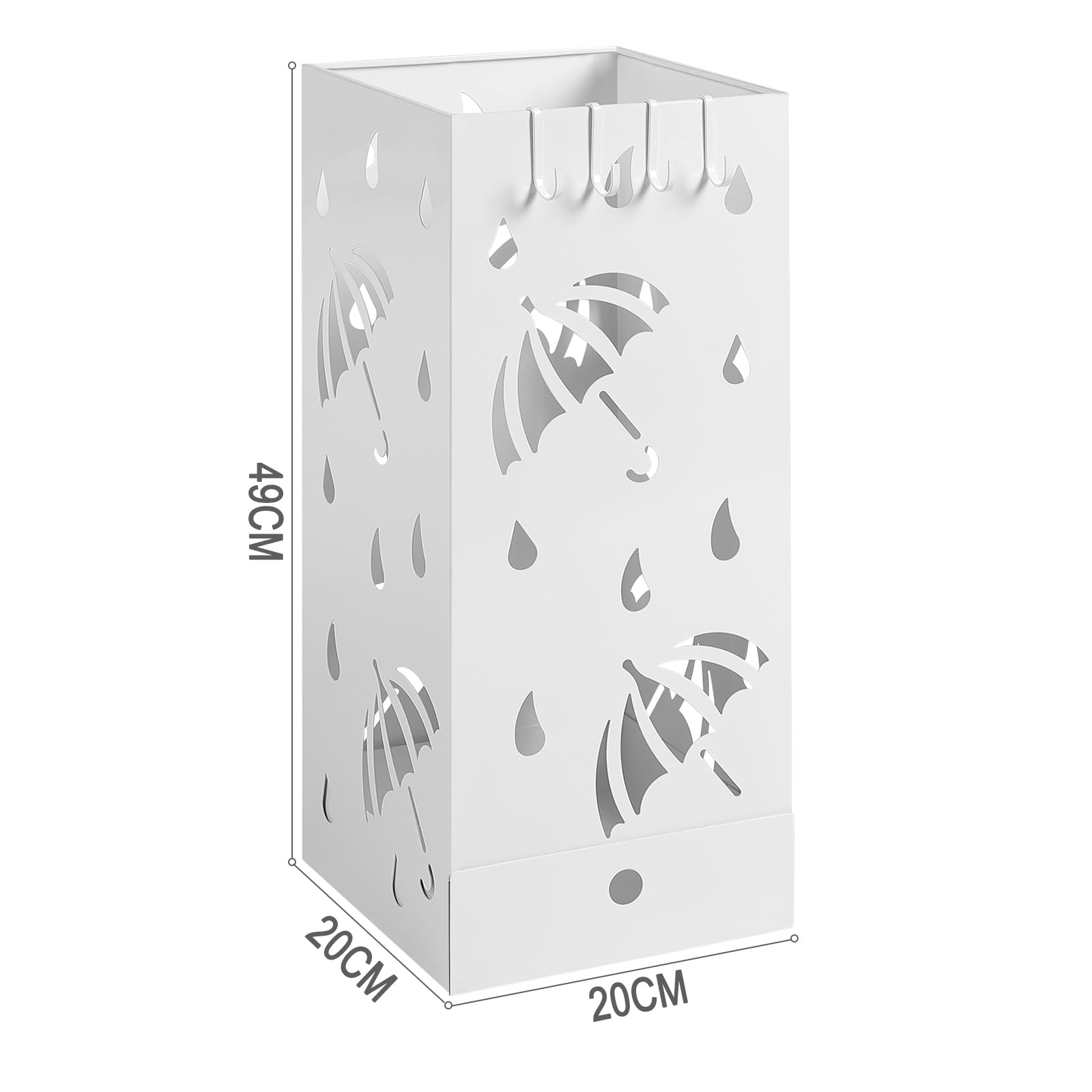 Laneetal Paragüero de Metal, Soporte de Paraguas, Paragüero con 4 Ganchos y Bandeja de Goteo, Cubo Cuadrado para Paraguas con Agujeros de Dibujo, Blanco, 20x20x49cm
