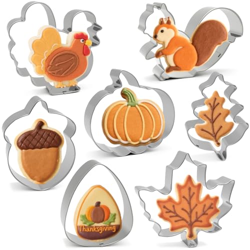 Fall Thanksgiving Cookie Cutters Set 7Pcs - Large Turkey, Pumpkin, Maple Leaf, Oak Leaf, Acorn, Candy Corn, Squirrel Shapes, Stainless Steel Autumn Themed Biscuit Cutter For Baking & Food Party Decor