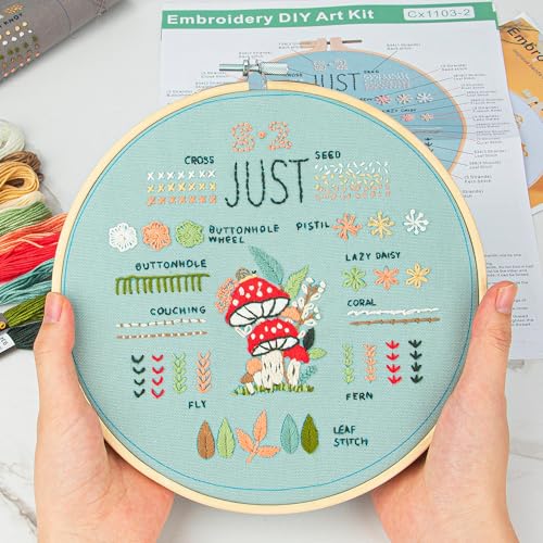 Image of LX LERMX Embroidery Kit for Beginners Adults, 34 Stitch Techniques with Floral Patterns, Complete DIY Kit with Stamped Patterns, Hoop, Colorful Threads, Tools (Pattern 1)