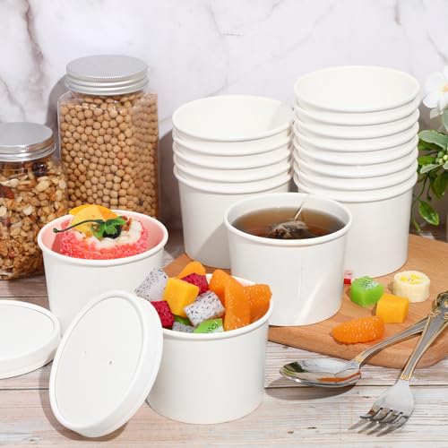 Image of Fulmoon 12 oz 100 Pack Paper Containers with Lids Soup Bowl Cup, White | Disposable Ice Cream Cup, Kraft Food Containers with Vented Lid Stackable for Hot Soup Dessert Cake Fruit Microwave Takeout
