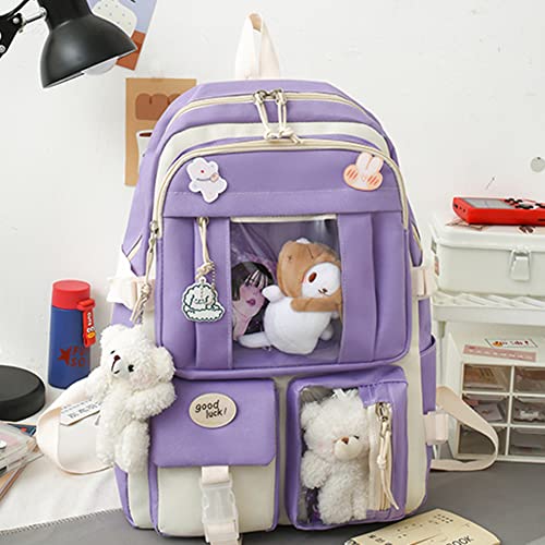 5 stks/set Kawaii Rugzak met Beer poppen en badges Accessoires, Canvas Schooltassen Set Leuke Rugzak voor Cosplay Tiener Student Grote Capaciteit Schooltas Clutch Boekentassen - Image 7