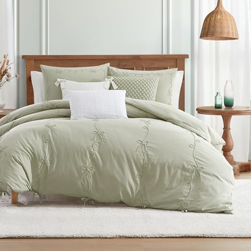 Peri Home Bow Bedding Duvet Cover Cottage Core Vintage Country 100% Cotton 3-Piece Set, Full/Queen, Green Sasha Bows