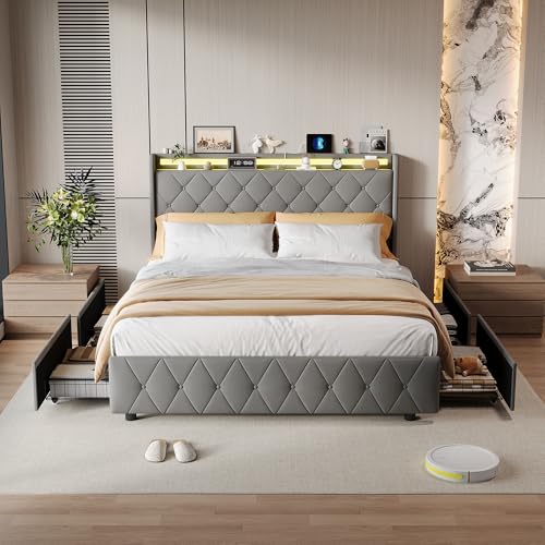 SUNFECILI Cama con cajones de 160 x 200 cm con LED y USB, cama doble tapizada con 4 cajones, cabecero con espacio de almacenamiento, cama de almacenamiento con somier, moderna cama juvenil funcional
