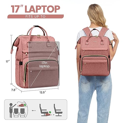 Image of LOVEVOOK Laptop Backpack for Women,17 Inch Professional Womens Travel Backpack Purse Computer Laptop Bag Nurse Teacher Backpack,Waterproof College Work Bags Carry on Back Pack with USB Port,Light-pink