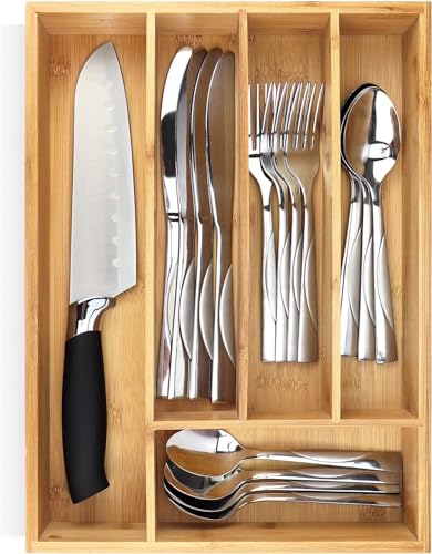 Silverware Organizer – Small Extra-Deep Wooden Kitchen Drawer Organizer Divider for Spoons, Forks, Knives & Cutleries – 5 Slots