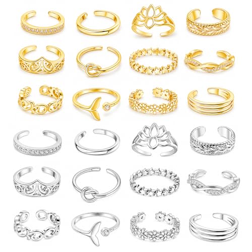 Image of 12PCS Toe Rings for Women 14K Gold /Silver Plated Adjustable Toe Ring Set Open Heart Arrow Infinity Rings Beach Foot Jewelry for Summer
