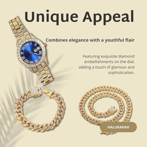 Image of Halukakah Diamonds Gold Watch Iced Out for Boy Teens Kids - 18K Real Gold /Platinum Plated,42mm Blue /Green /Red Dial,Japanese Quartz - 8 inch Length - Optional with Cuban Link Chain,with Watch Adjuster Tool