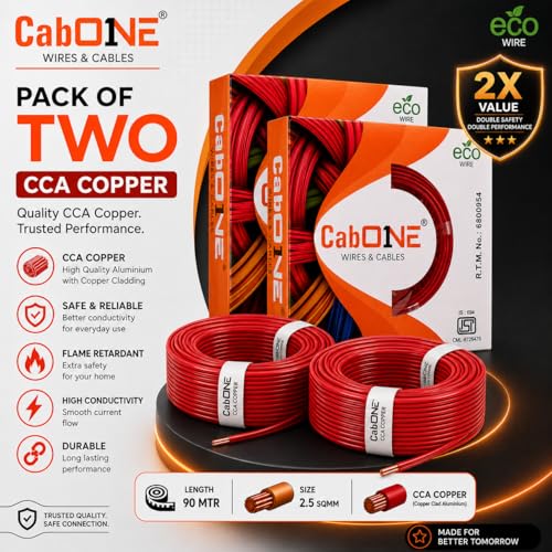 Image of CabONE 2.5 SQ.MM FR PVC Insulated Copper Electrical Wire, 90 Meter (Red, Pack of 2) | ISI Marked Fire Retardant Single Core Cable for Home Wiring