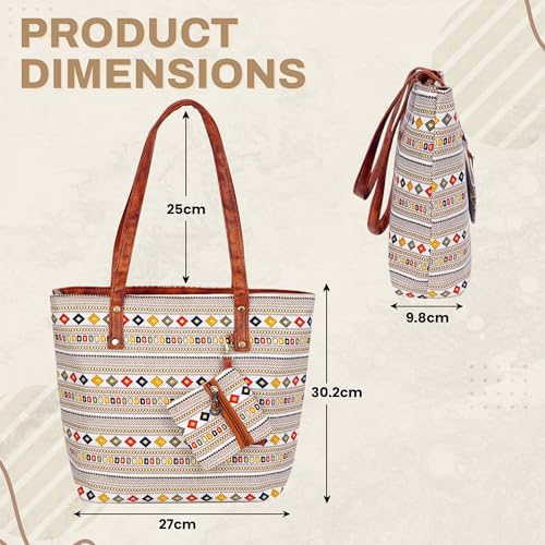 Image of Storite Women's Tote Bag with Leather Handles & Embroidery Printed Handbag with Zip Pockets, Shoulder Tote Bag and Handbag for Office and College