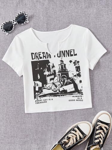 Image of OYOANGLE Girl's Graphic Print Notched Neck Short Sleeve T Shirt Slim Fit Cropped Tees