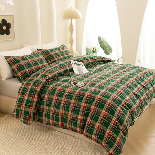 Image of ECOCOTT Buffalo Plaid Duvet Cover King Size- 3 Piece Green Checkered Bedding Set, 100% Washed Cotton, Soft Breathable Reversible Design with Zipper Closure & Corner Ties