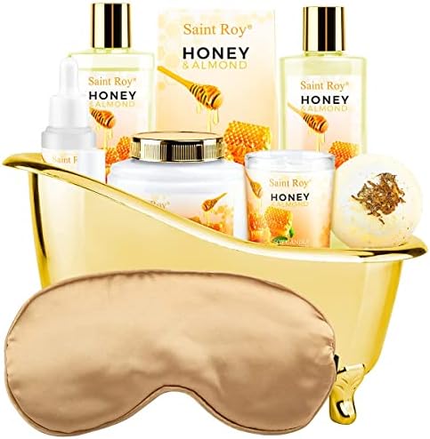 Gift Basket for Woman, Honey Almond Spa Basket Bath and Body Set Includes Shower Gel, Bath Bomb, Bath Salts, Body Lotion, Jojoba Oil & Lip Balm, Birthday & Holiday Home Spa Gifts for Women/Men
