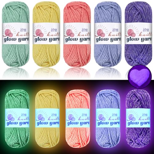 WILLBOND 5 Rolls Glow in The Dark Yarn Luminous Crochet Yarn for Crocheting DIY Knitting Glow Fingering Sewing Supplies for Halloween Arts Crafts Sewing Party 54.7 yd Per Roll (Cute Colors)