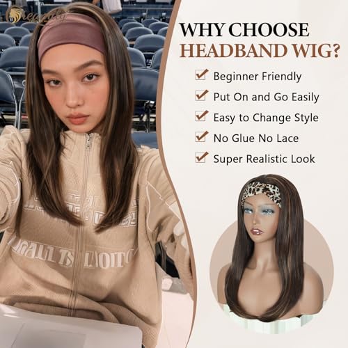 Image of Creamily Long Brown Straight Headband Wig for Women Synthetic Glueless Heat Resistant Bob Wig Natutal Looking for Daily Party Use 18 Inch