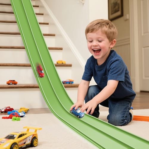 Flexible Race Track for Kids 3+, Flexible Car Track 15Ft Race Track Compatible with Diecast 1/64th Cars, Roll Up Car Ramp Toy with Strong Suction Cups